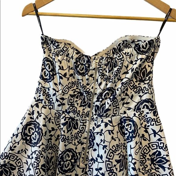 White & Navy Sateen Printed Strapless Party Dress - Picture 5 of 12
